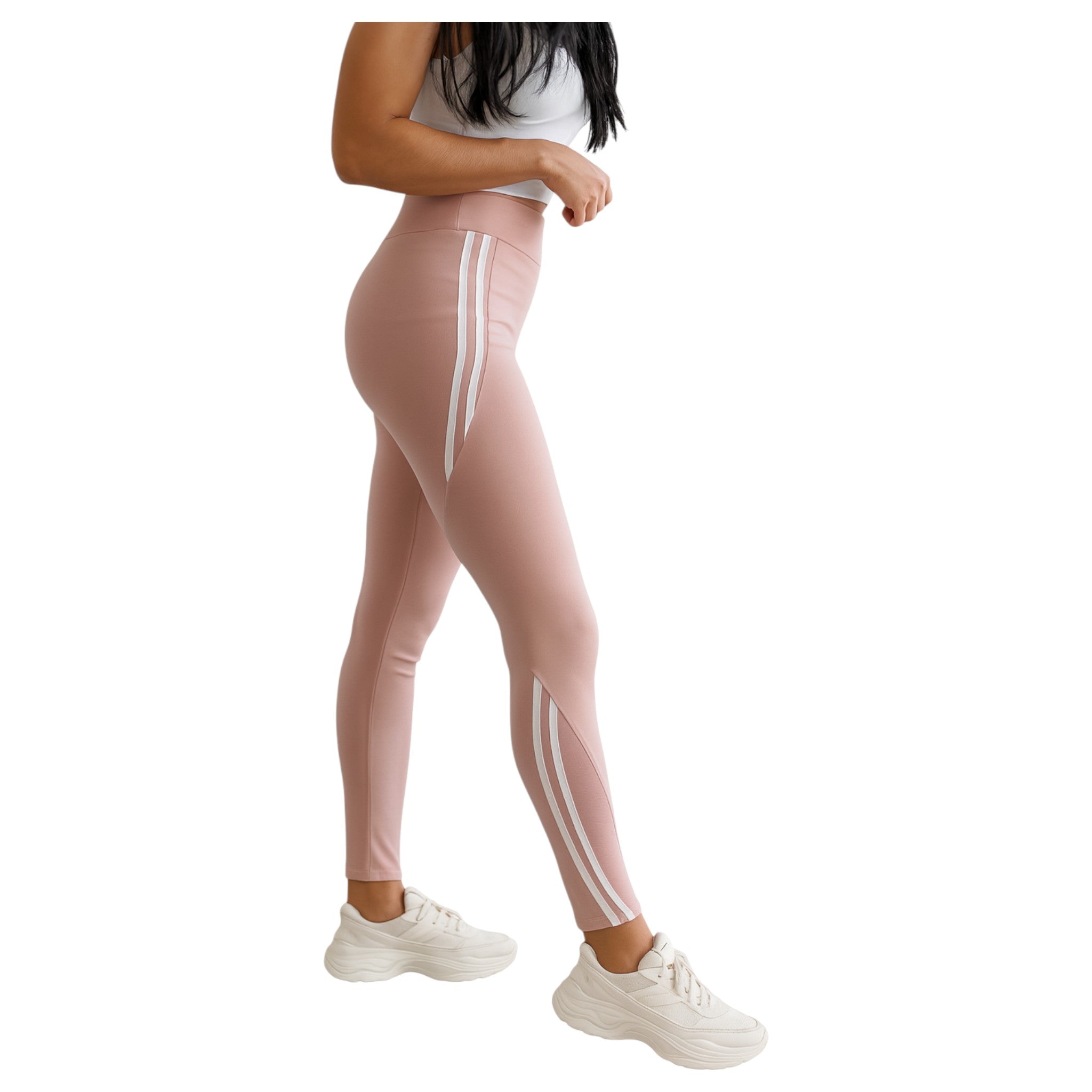 Women’s soft pink high waisted leggings with side stripes, stretchy gym and casual wear
